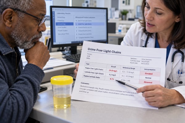Urine Free Light Chain Test: Kappa, Lambda, Ratio, Kidney Disease, and Myeloma Understand urine free kappa and lambda light chains, urine ratio limitations, kidney effects, myeloma and MGRS links, companion tests, and abnormal result follow-up.