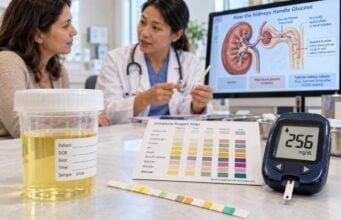 Urine Glucose Test: Positive Glucose, Diabetes, Kidney Causes, and Meaning Understand urine glucose test: positive glucose, diabetes, kidney causes, and meaning, including what the result measures, common causes, false results, confirmatory testing, and when medical follow-up matters.