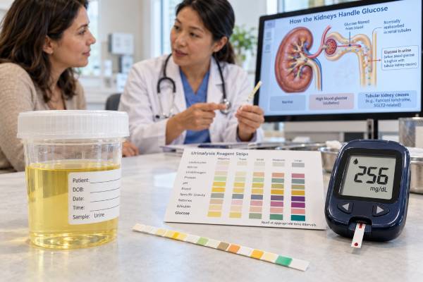 Urine Glucose Test Positive Glucose, Diabetes, Kidney Causes, and Meaning Understand urine glucose test: positive glucose, diabetes, kidney causes, and meaning, including what the result measures, common causes, false results, confirmatory testing, and when medical follow-up matters.