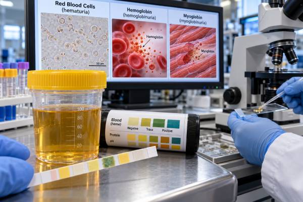Urine Hemoglobin Test Positive Result, Blood, Hemolysis, Myoglobin, and Meaning Understand urine hemoglobin test: positive result, blood, hemolysis, myoglobin, and meaning, including what the result measures, common causes, false results, confirmatory testing, and when medical follow-up matters.