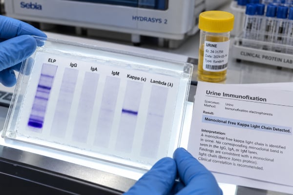Urine Immunofixation Test: Monoclonal Protein, Light Chains, and Plasma Cell Disorders Learn what urine immunofixation detects, what a monoclonal kappa or lambda band means, how it differs from UPEP, and how positive results are evaluated.