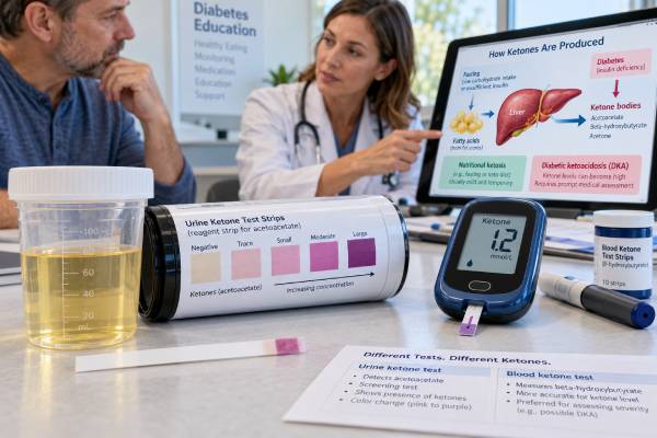 Understand urine ketones test: positive ketones, diabetes, fasting, ketoacidosis risk, and meaning, including what the result measures, common causes, false results, confirmatory testing, and when medical follow-up matters.