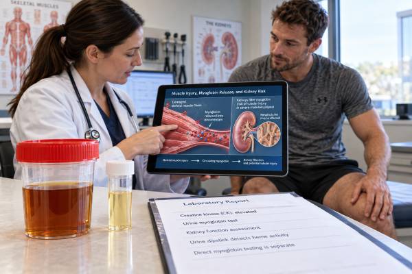 Urine Myoglobin Test Muscle Injury, Rhabdomyolysis, Kidney Risk, and Meaning Learn what a urine myoglobin test means, how it relates to rhabdomyolysis and CK, why results can be negative, and when muscle injury creates kidney risk.