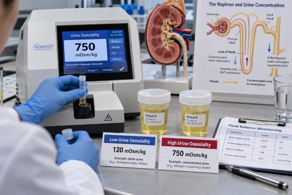 Urine Osmolality Test: High, Low, Hydration, Kidney Concentration, and Meaning Understand urine osmolality results, including high and low values, hydration, hyponatremia, polyuria, kidney concentration, and diabetes insipidus evaluation.