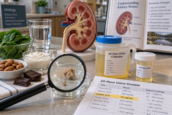Learn how a urine oxalate test evaluates calcium oxalate stone risk, what high oxalate can mean, and how diet, malabsorption, vitamin C, and primary hyperoxaluria affect results.