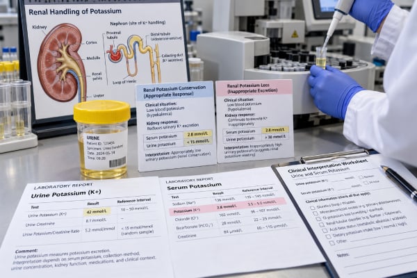 Learn how a urine potassium test identifies kidney potassium loss, what high or low urine potassium can mean, common renal and nonrenal causes, and how results are interpreted with blood tests.