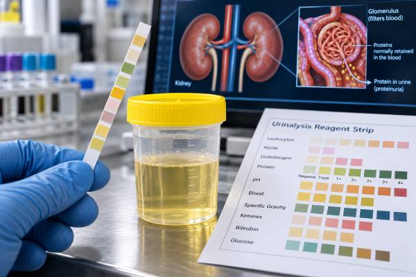Urine Protein Dipstick Test: Positive Result, Proteinuria, Kidney Disease, and Meaning Learn what a positive urine protein dipstick means, how proteinuria relates to kidney disease, common false results, and when uACR, UPCR, or further follow-up is needed.