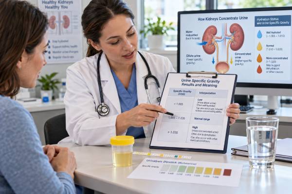 Urine Specific Gravity Test: High, Low, Hydration, Kidney Concentration, and Meaning Understand urine specific gravity results, including normal ranges, high and low values, hydration effects, kidney concentration, osmolality, and follow-up.