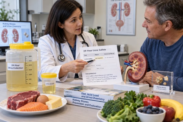Learn what a 24-hour urine sulfate test shows, how sulfate reflects dietary acid load and protein metabolism, and how it fits with urine ammonium, pH, citrate, and kidney stone risk.