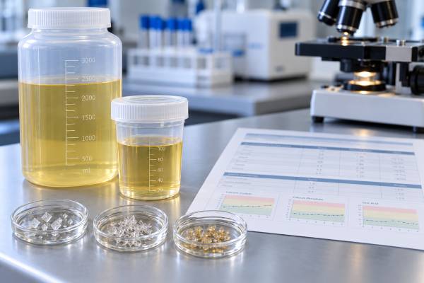 A urine supersaturation test estimates calcium oxalate, calcium phosphate, and uric acid crystallization risk and shows how pH, volume, and urine chemistry interact.