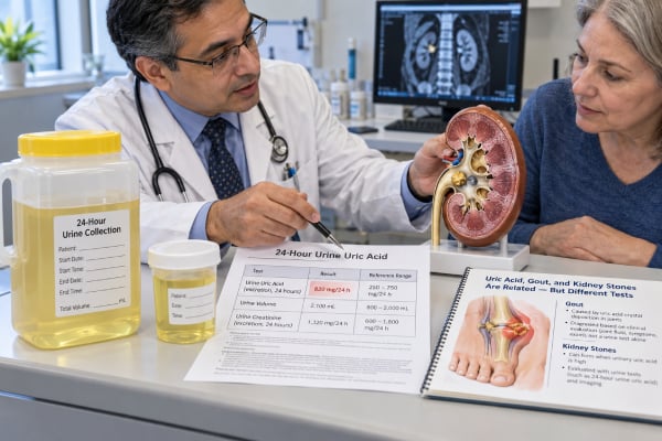 Learn how a urine uric acid test is interpreted, including high and low levels, hyperuricosuria, kidney urate handling, gout, urine pH, and uric acid kidney stone risk.