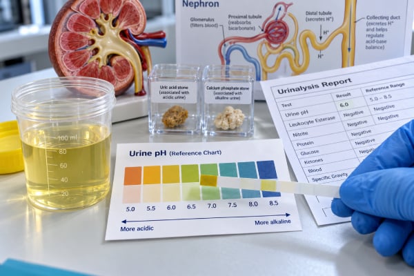 Learn how to interpret urine pH, including acidic and alkaline results, kidney stone patterns, UTI clues, renal tubular acidosis, normal ranges, and when follow-up testing matters.