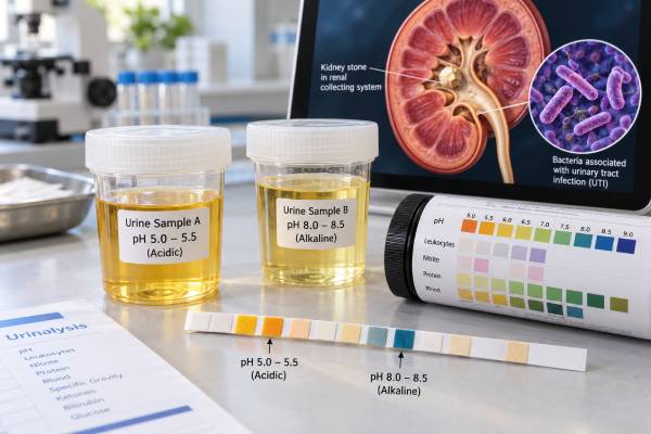 Urine pH Test: Acidic, Alkaline, Kidney Stones, Infection, and Meaning Learn what acidic and alkaline urine pH results mean, how pH relates to kidney stones and UTI, common causes of high or low pH, and when follow-up testing is needed.