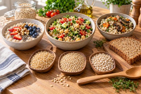 Choose heart-friendly whole grains such as oats, barley, brown rice, and quinoa, learn smart portions and label tips, and add them to everyday meals.