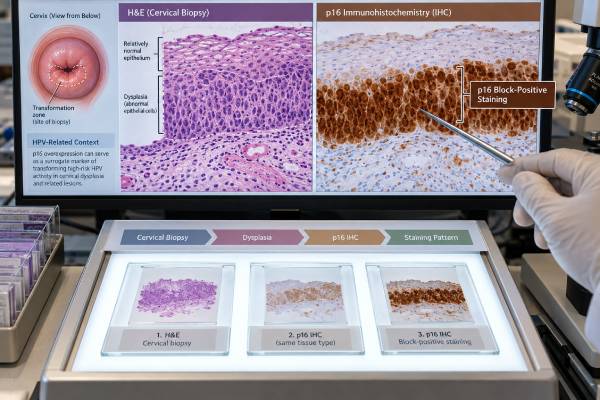 p16 IHC Test for Cervical Cancer: HPV-Related Tumor Marker, Dysplasia, and Positive Staining Learn what p16 IHC means in cervical biopsies, how block-positive staining supports HPV-related HSIL, and how p16 differs from HPV testing and p16/Ki-67 dual stain.