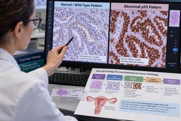 p53 Test for Endometrial Cancer: Tumor Subtype, Abnormal Staining, and Prognosis Learn how p53 IHC classifies endometrial cancer, what wild-type, overexpression, null, and cytoplasmic patterns mean, and why p53-abnormal tumors carry higher risk on average.